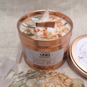 Bougie végétale naturelle et Quartz Rose équitable ~ Rituel Blanc