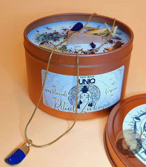 Bougie végétale naturelle et pendentif Lapis Lazuli équitable ~ Rituel Zodiaque